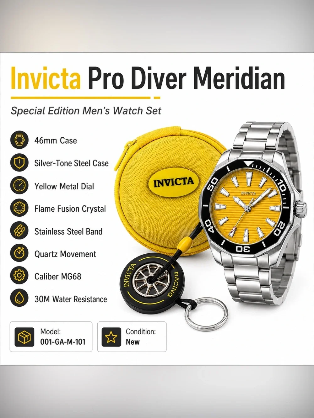 NEW Invicta Pro Diver Meridian 46mm Yellow Dial Watch Set 001-GA-M-101